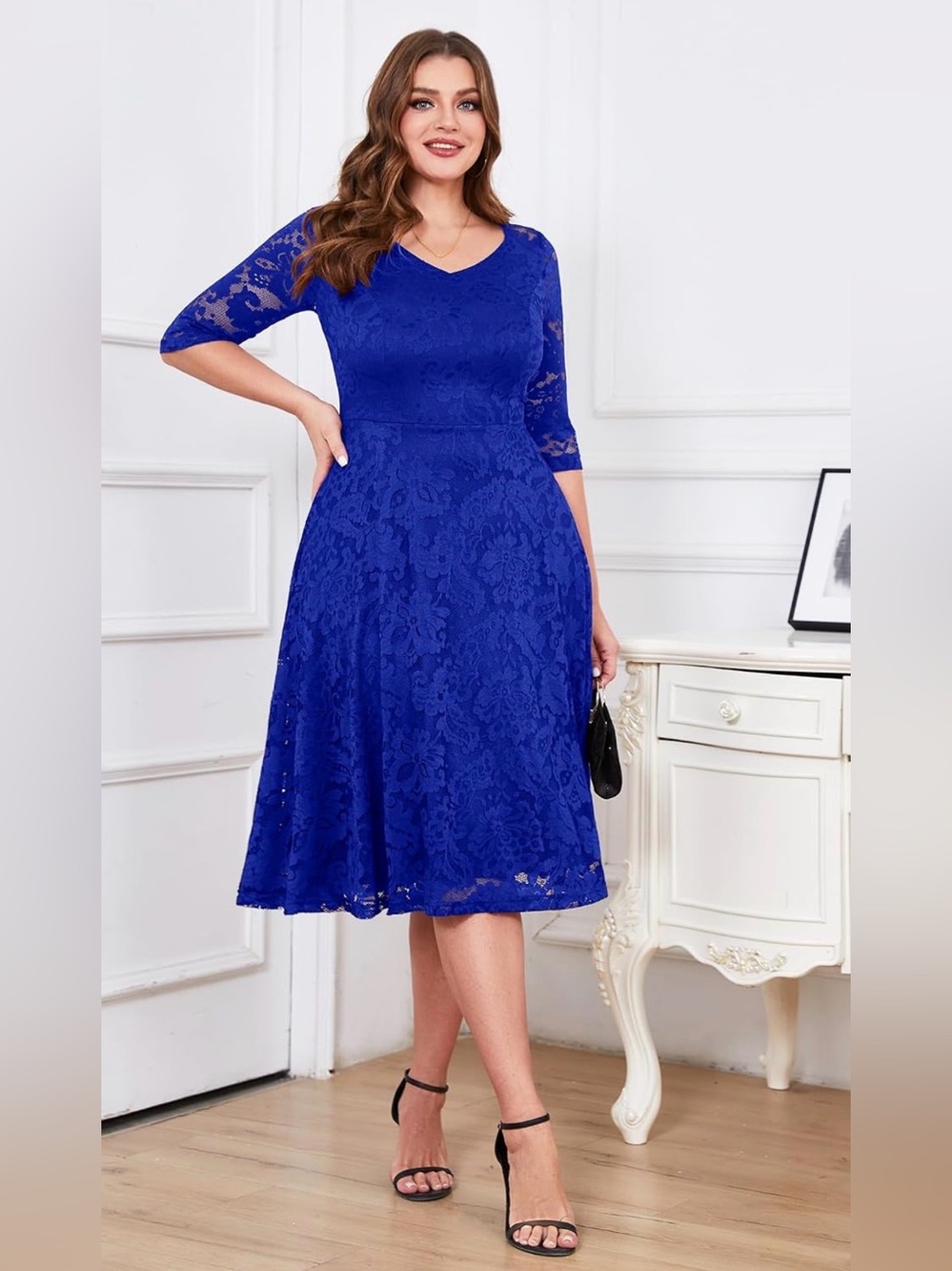 Lace Royal Blue Lace A-Line Dress Stretchy EUC